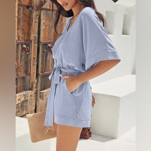 NWOT Casual V Neck Romper Short Sleeve Jumpsuit High Waist Belted w/ Pockets - Picture 2 of 4